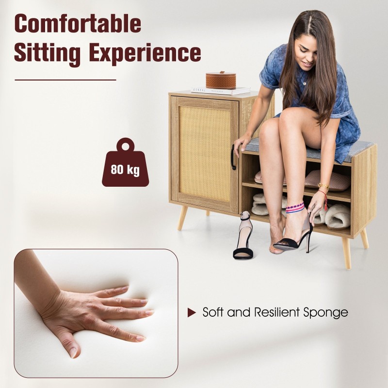 2-in-1 rottinki kenkäkaappi penkillä ja säädettävillä hyllyillä