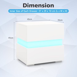 Valkoinen yöpöytä LED-valoilla ja kahdella laatikolla