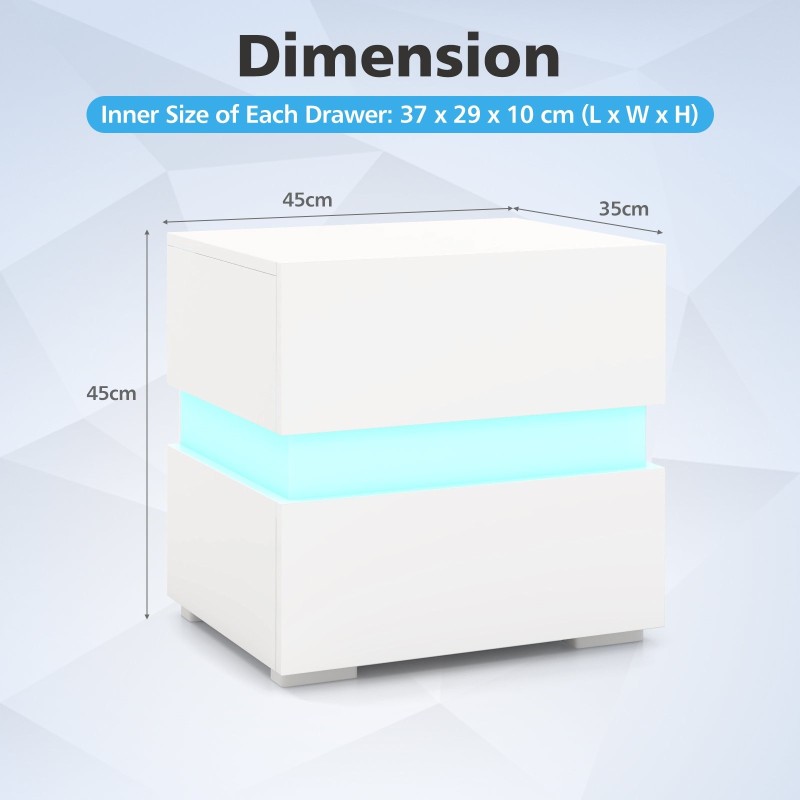 Valkoinen yöpöytä LED-valoilla ja kahdella laatikolla