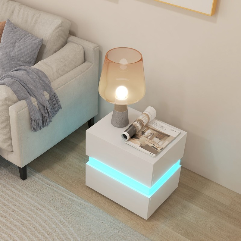 Valkoinen yöpöytä LED-valoilla ja kahdella laatikolla