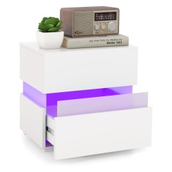 Valkoinen yöpöytä LED-valoilla ja kahdella laatikolla