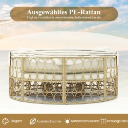 Pyöreä rottinkinen päivänsänky katoksella ja pehmeillä tyynyillä