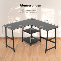 L-muotoinen kulmapöytä latausasemalla ja hyllyillä, musta