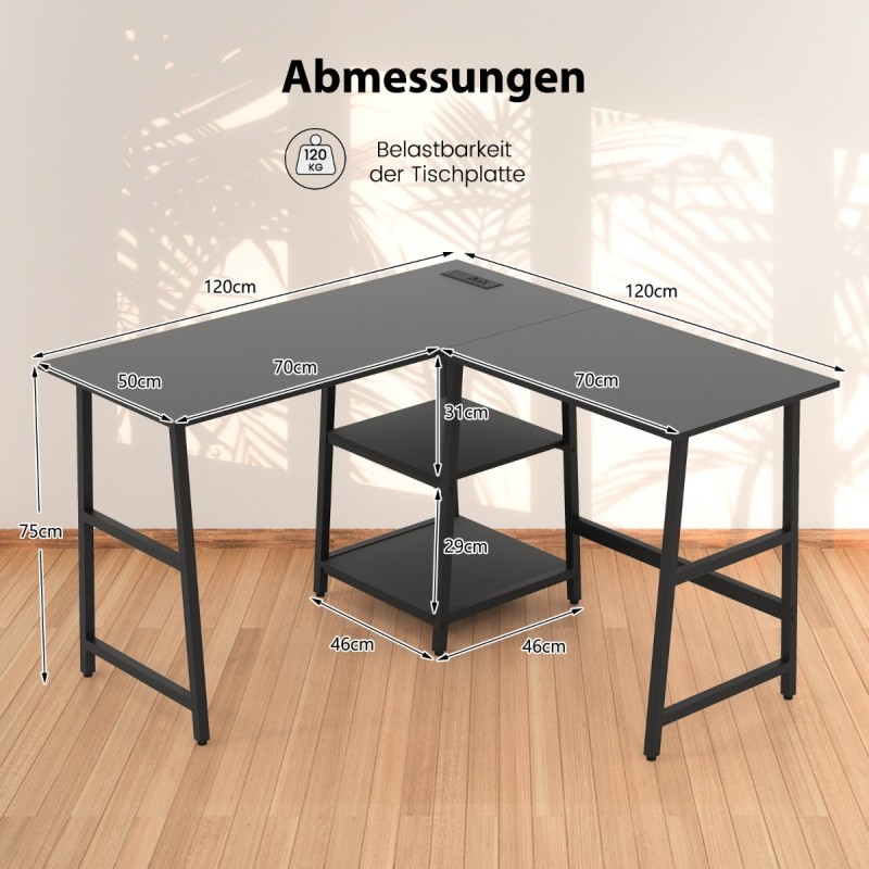 L-muotoinen kulmapöytä latausasemalla ja hyllyillä, musta