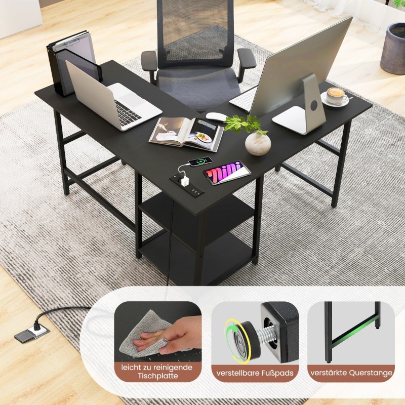 L-muotoinen kulmapöytä latausasemalla ja hyllyillä, musta