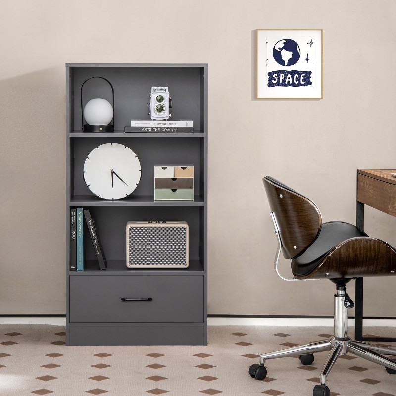 Harmaa puinen kirjahylly laatikolla ja kolmella avohyllyllä