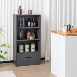 Harmaa puinen kirjahylly laatikolla ja kolmella avohyllyllä