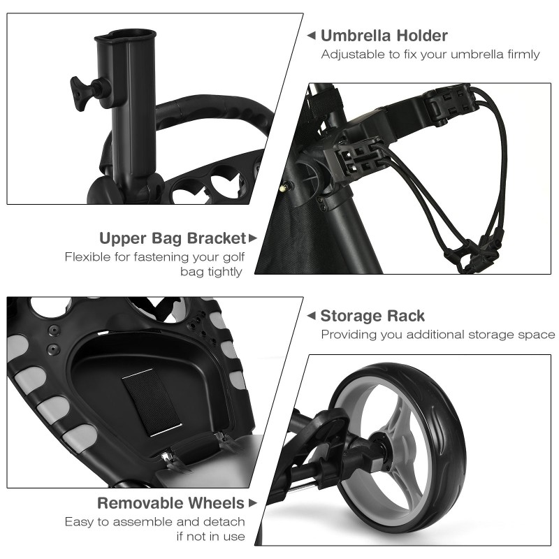 Golfkärry harmaa vedenpitävällä laukulla ja jalkajarrulla