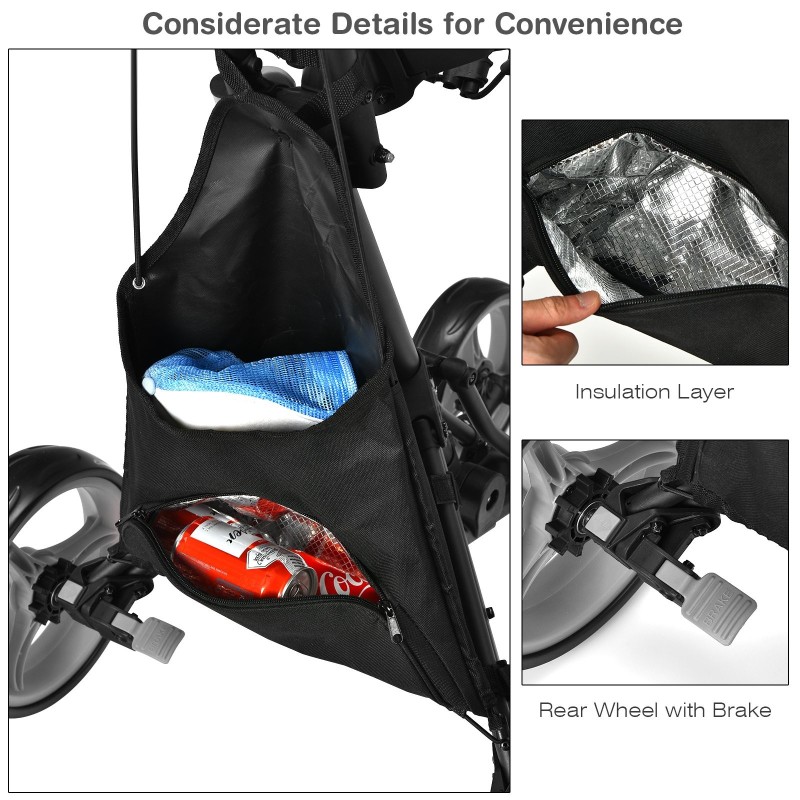 Golfkärry harmaa vedenpitävällä laukulla ja jalkajarrulla