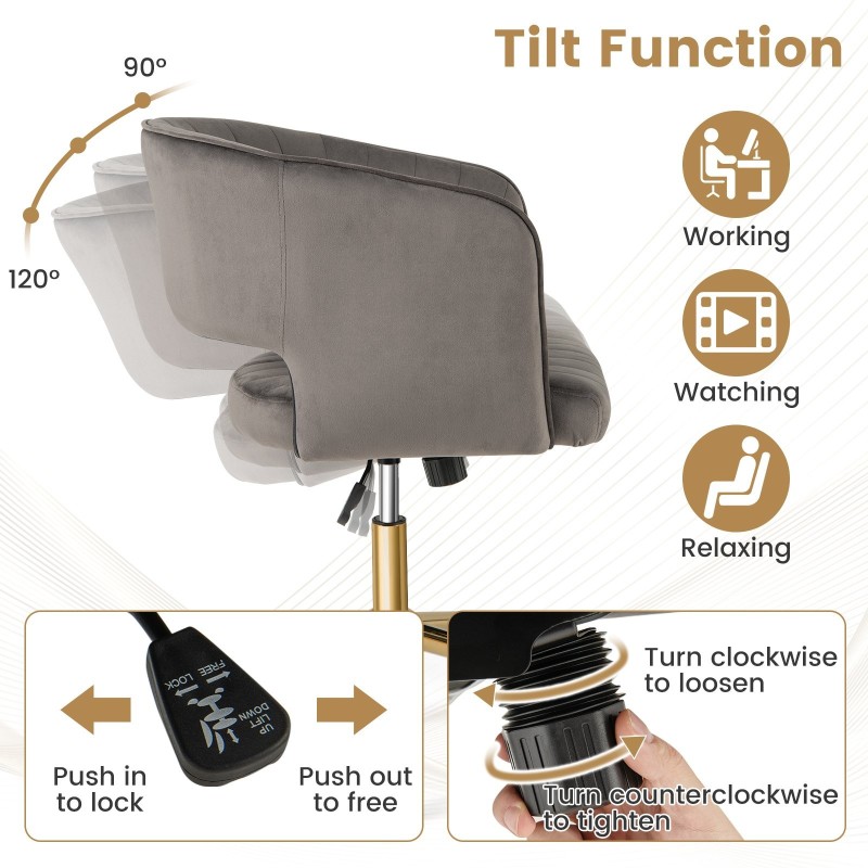 Moderni harmaa kääntyvä samettinen toimistotuoli tikatulla selkänojalla