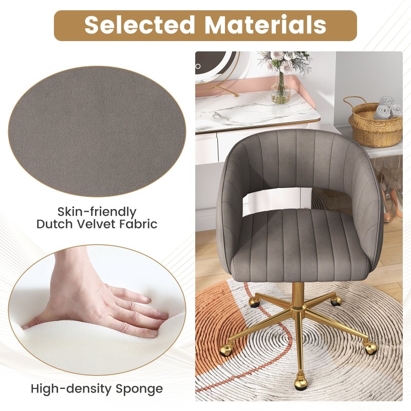 Moderni harmaa kääntyvä samettinen toimistotuoli tikatulla selkänojalla