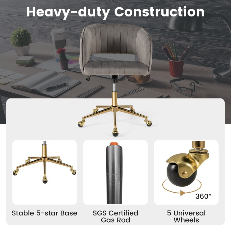 Moderni harmaa kääntyvä samettinen toimistotuoli tikatulla selkänojalla