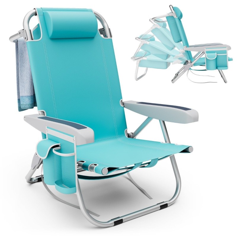 Taitettava sininen rantatuoli, 5-asentoinen selkänoja, kevyt ja kestävä