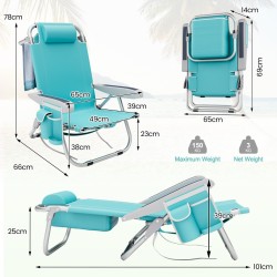 Taitettava sininen rantatuoli, 5-asentoinen selkänoja, kevyt ja kestävä