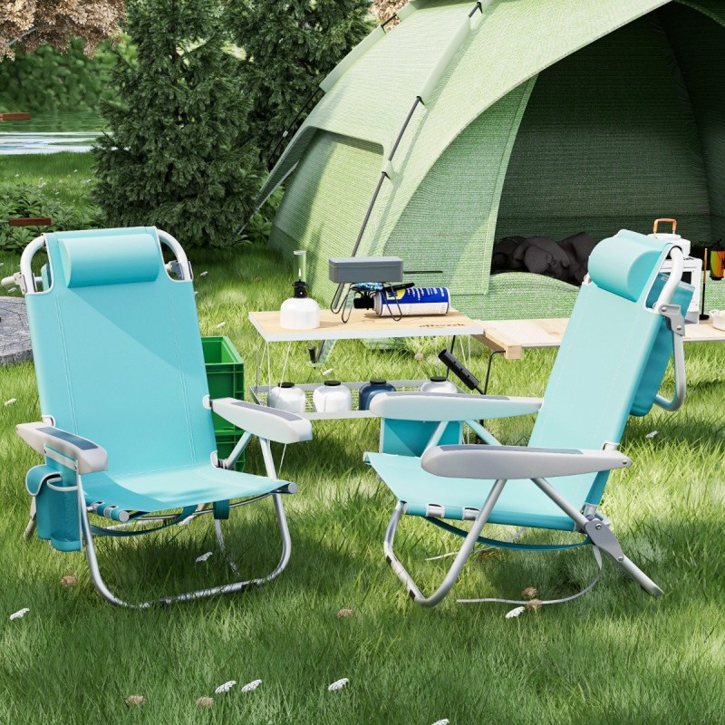 Taitettava sininen rantatuoli, 5-asentoinen selkänoja, kevyt ja kestävä