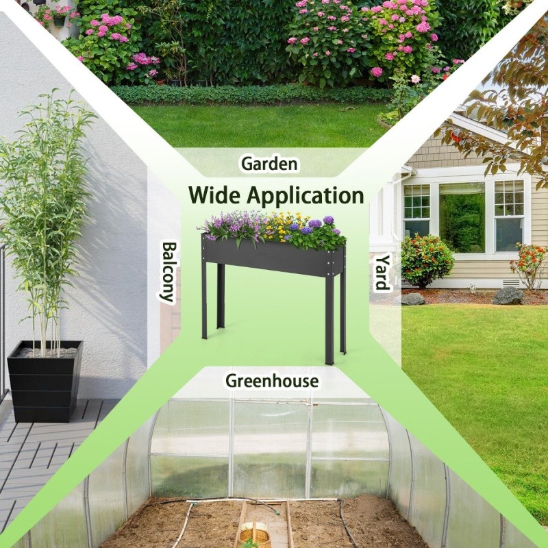 Metallinen korotettu istutuslaatikko musta, vedenpoisto, 102x26,5x80 cm