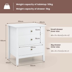 Valkoinen 3-laatikollinen puinen yöpöytä säilytystilalla