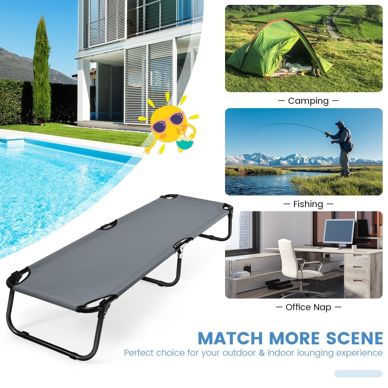 Kokoontaitettava harmaa retkisänky 150 kg kantavuus