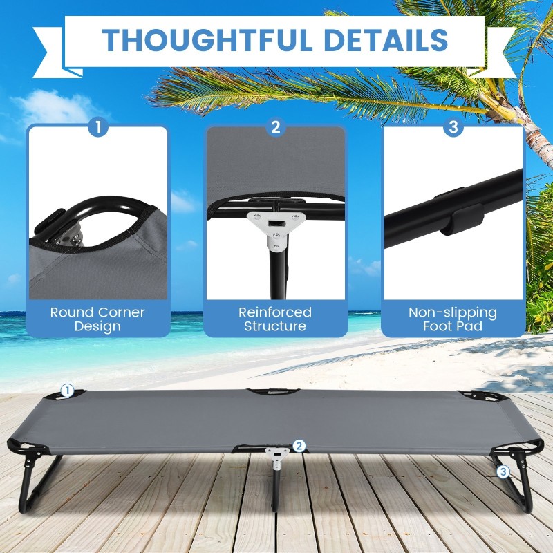 Kokoontaitettava harmaa retkisänky 150 kg kantavuus