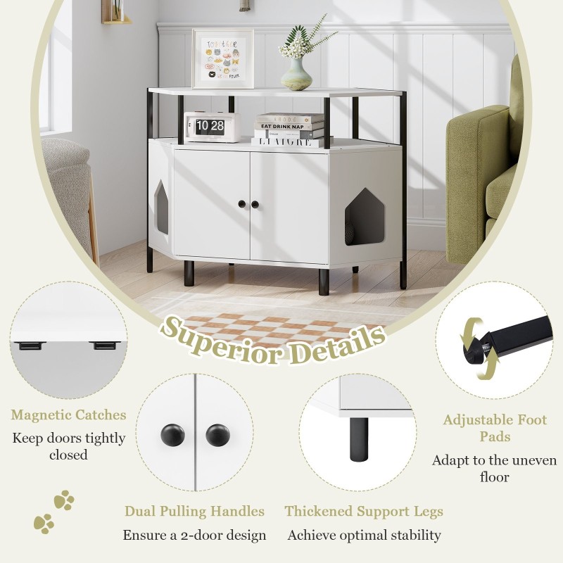 Valkoinen kissan nurkkakaappi hyllyllä ja hiekkalaatikolla