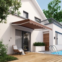 Ruskea ulosvedettävä parvekemarkiisi säädettävällä kulmalla