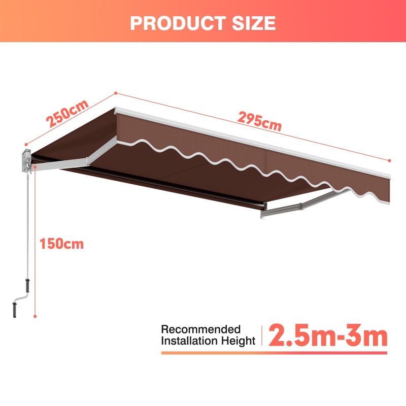 Ruskea ulosvedettävä parvekemarkiisi säädettävällä kulmalla