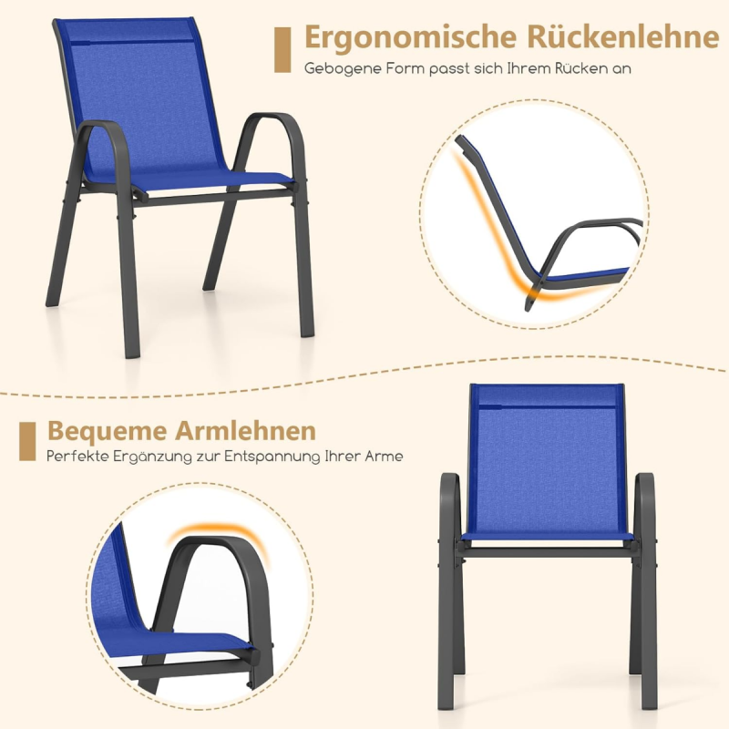 Neljän sinisen pinottavan puutarhatuolin setti ulkokäyttöön