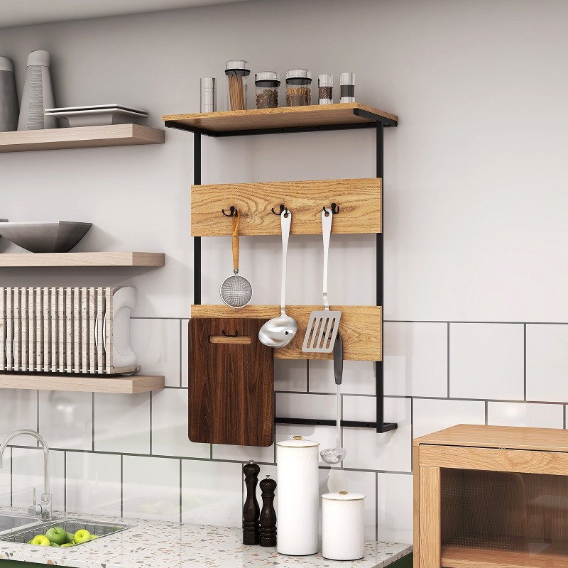 Seinään kiinnitettävä naulakko 6 koukulla ja hyllyllä - Luonnonväri