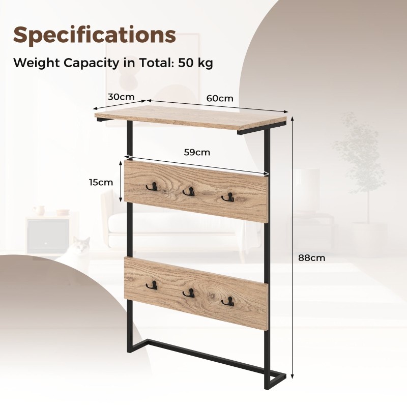 Seinään kiinnitettävä naulakko 6 koukulla ja hyllyllä - Luonnonväri