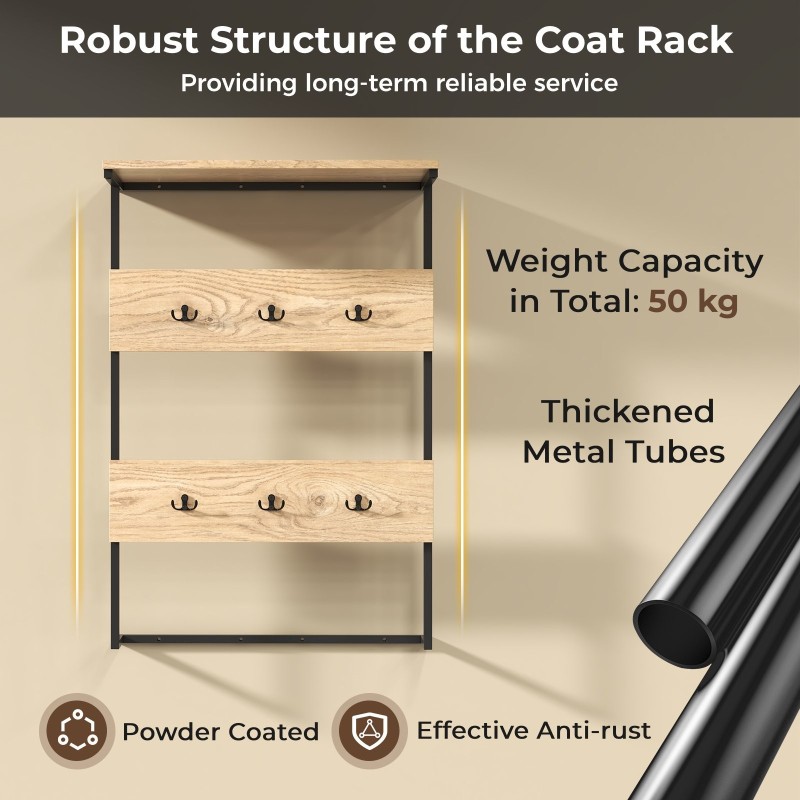 Seinään kiinnitettävä naulakko 6 koukulla ja hyllyllä - Luonnonväri