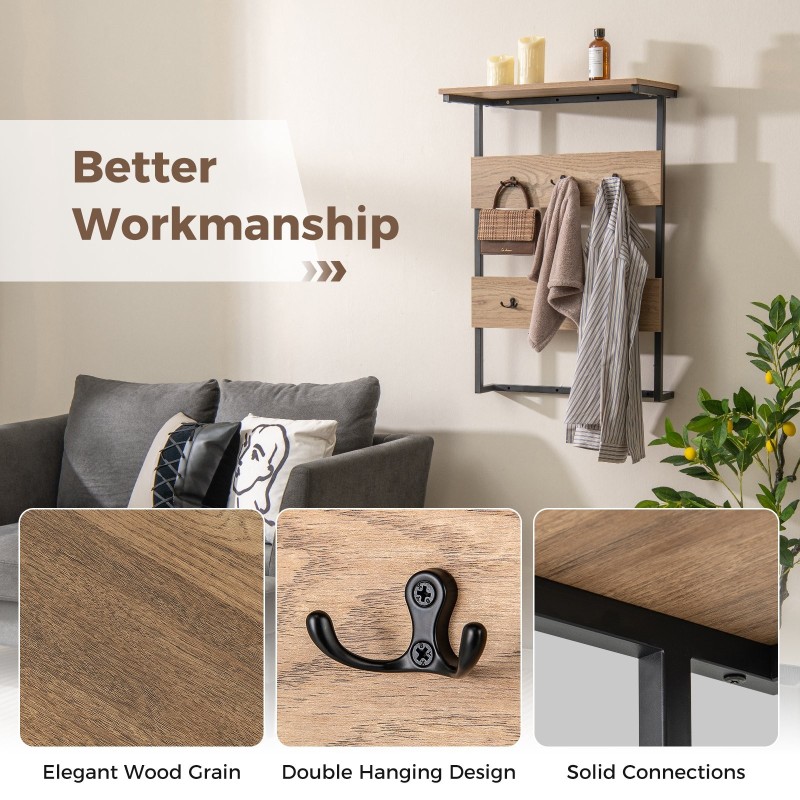 Seinään kiinnitettävä naulakko 6 koukulla ja hyllyllä - Luonnonväri