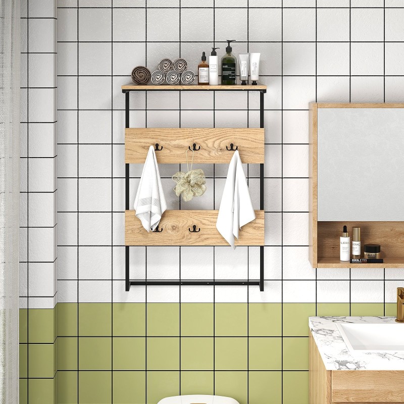 Seinään kiinnitettävä naulakko 6 koukulla ja hyllyllä - Luonnonväri