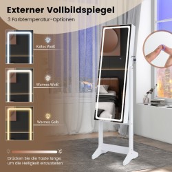 Valkoinen korukaappi peilillä ja 3-värisellä LED-valaistuksella