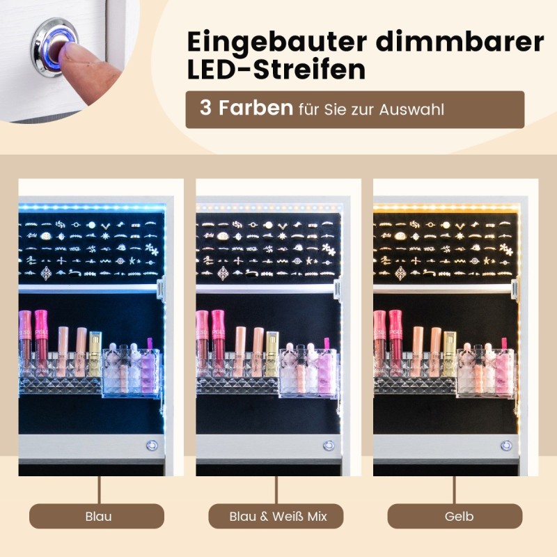 Valkoinen korukaappi peilillä ja 3-värisellä LED-valaistuksella