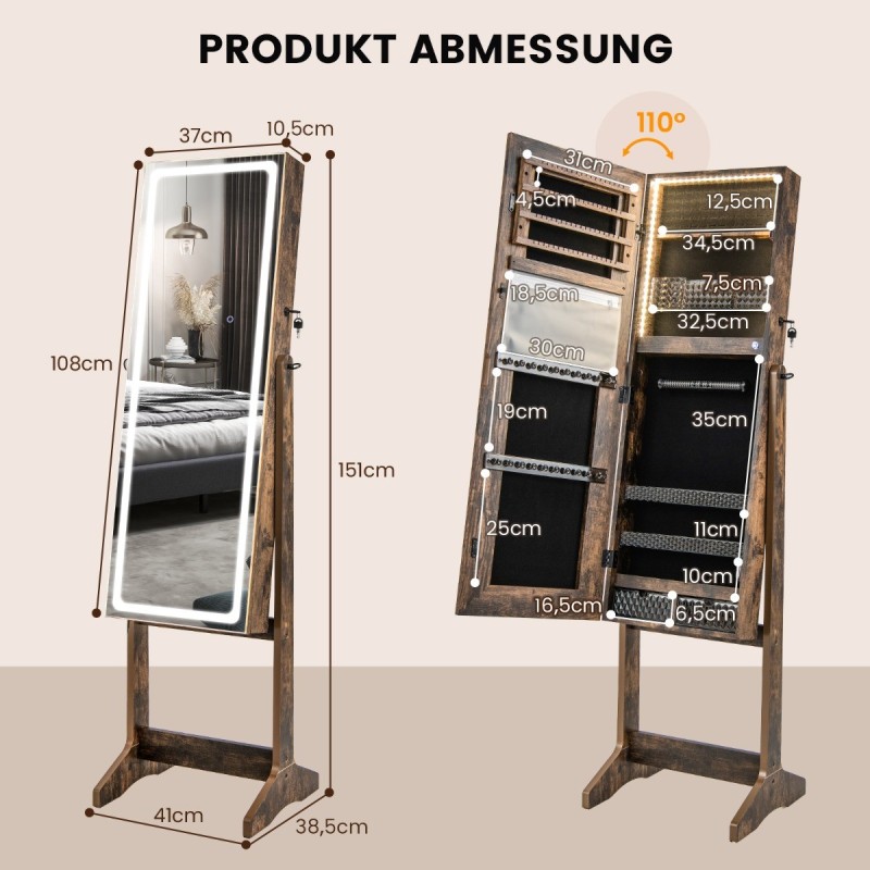 Rustiikkinen korukaappi peilillä ja LED-valaistuksella