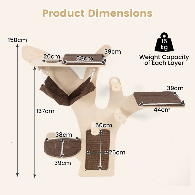 Seinään kiinnitettävä ruskea kissatorni raapimistolpilla