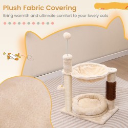 Monipuolinen beige kissapuu itsehoitotoiminnolla ja raapimispuulla