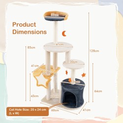 Korkea beige kissapuu sisalraapimispuilla ja leluilla