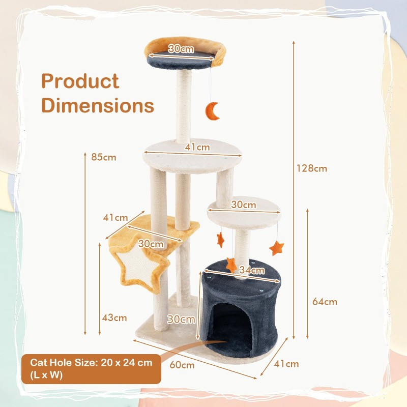 Korkea beige kissapuu sisalraapimispuilla ja leluilla