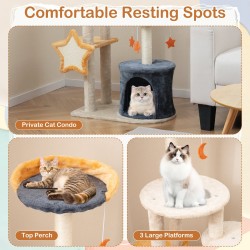 Korkea beige kissapuu sisalraapimispuilla ja leluilla