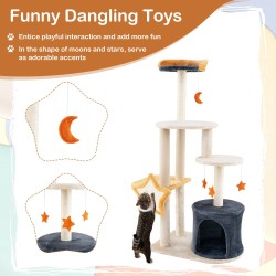 Korkea beige kissapuu sisalraapimispuilla ja leluilla