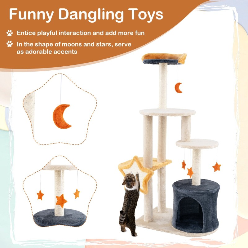 Korkea beige kissapuu sisalraapimispuilla ja leluilla