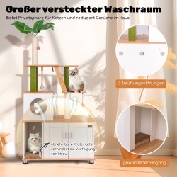 Kissapuu kaapilla ja raapimisalustalla, vihreä koristelehti