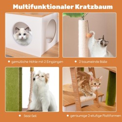 Kissapuu kaapilla ja raapimisalustalla, vihreä koristelehti