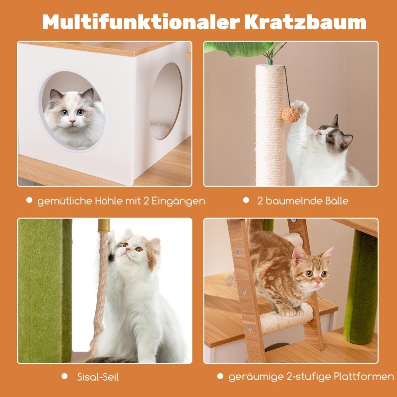 Kissapuu kaapilla ja raapimisalustalla, vihreä koristelehti