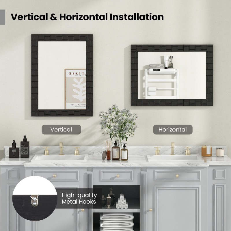 Musta puukehyksinen seinäpeili metallikoukuilla 80x60 cm