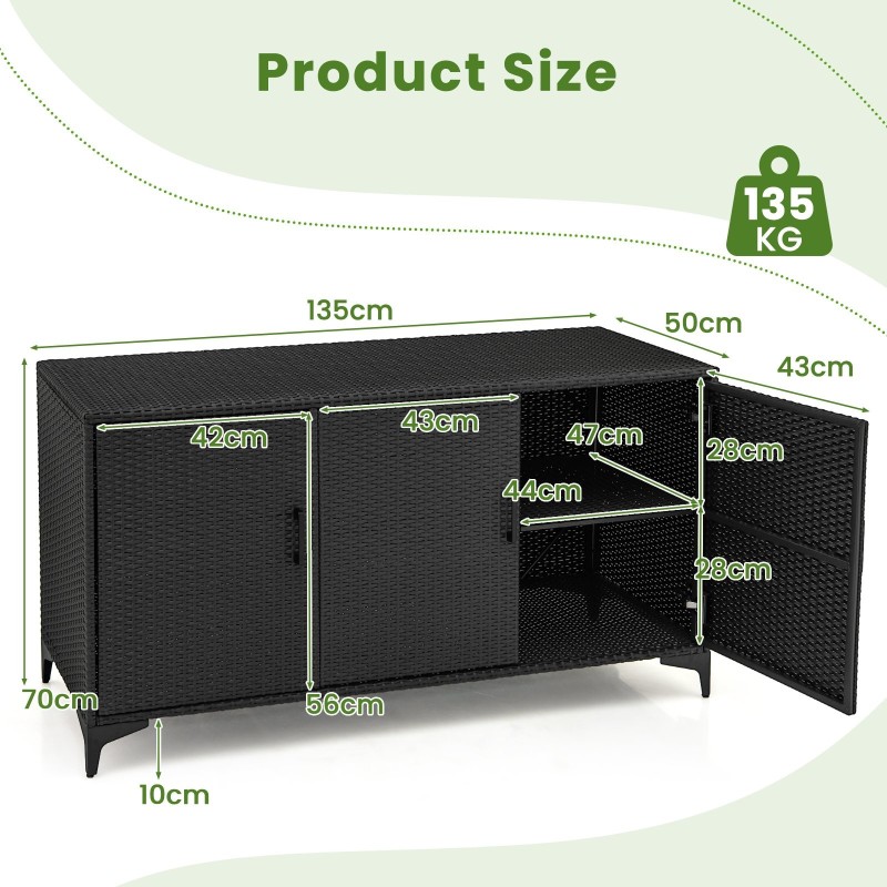 Musta rottinkinen ulkosäilytyskaappi 318L irrotettavilla hyllyillä