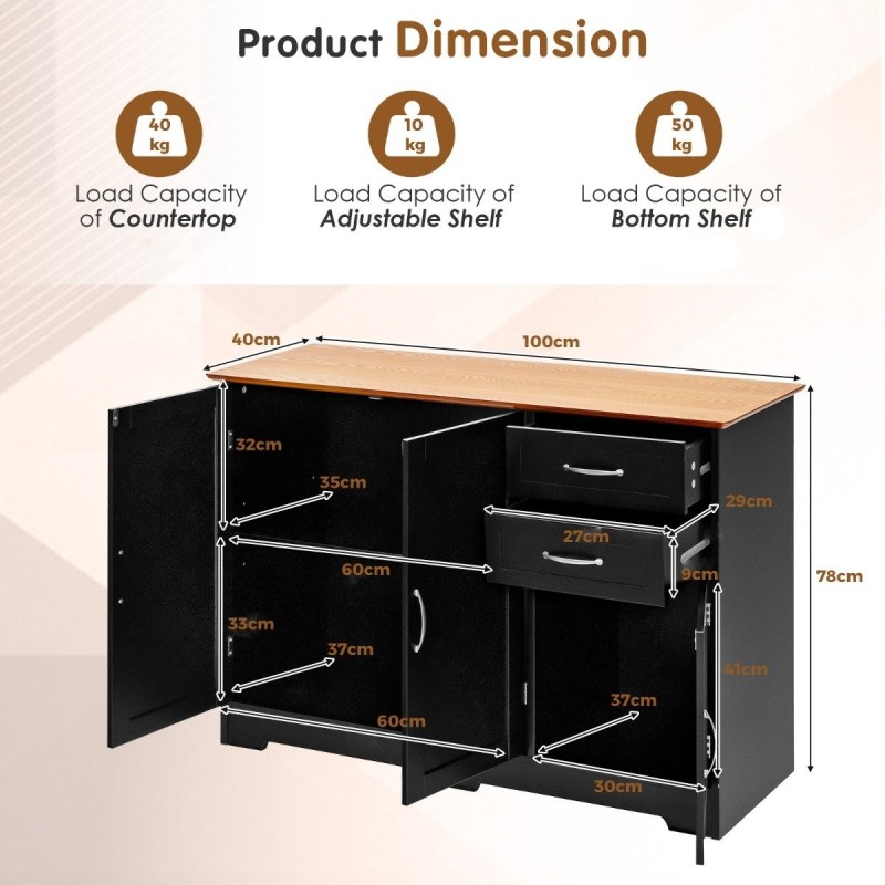 Musta monikäyttöinen säilytyskaappi säädettävillä hyllyillä