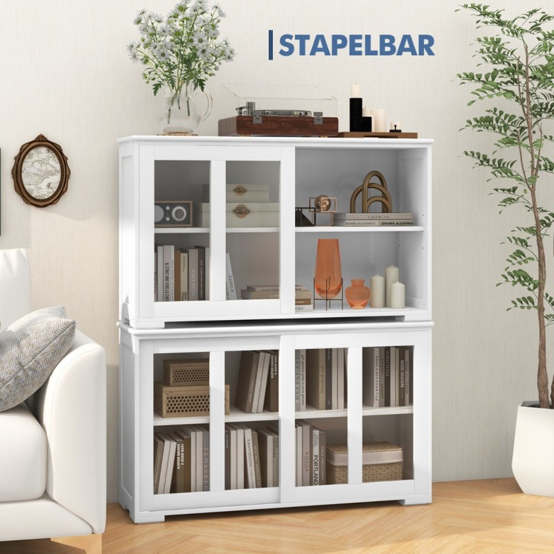 Valkoinen keittiökaappi lasiovilla ja säädettävillä hyllyillä