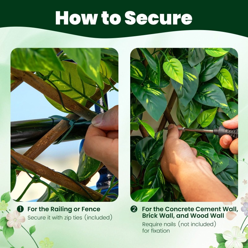 Laajennettava pajuaidan näkösuoja tekokasvilehdillä ulko- ja sisäkäyttöön